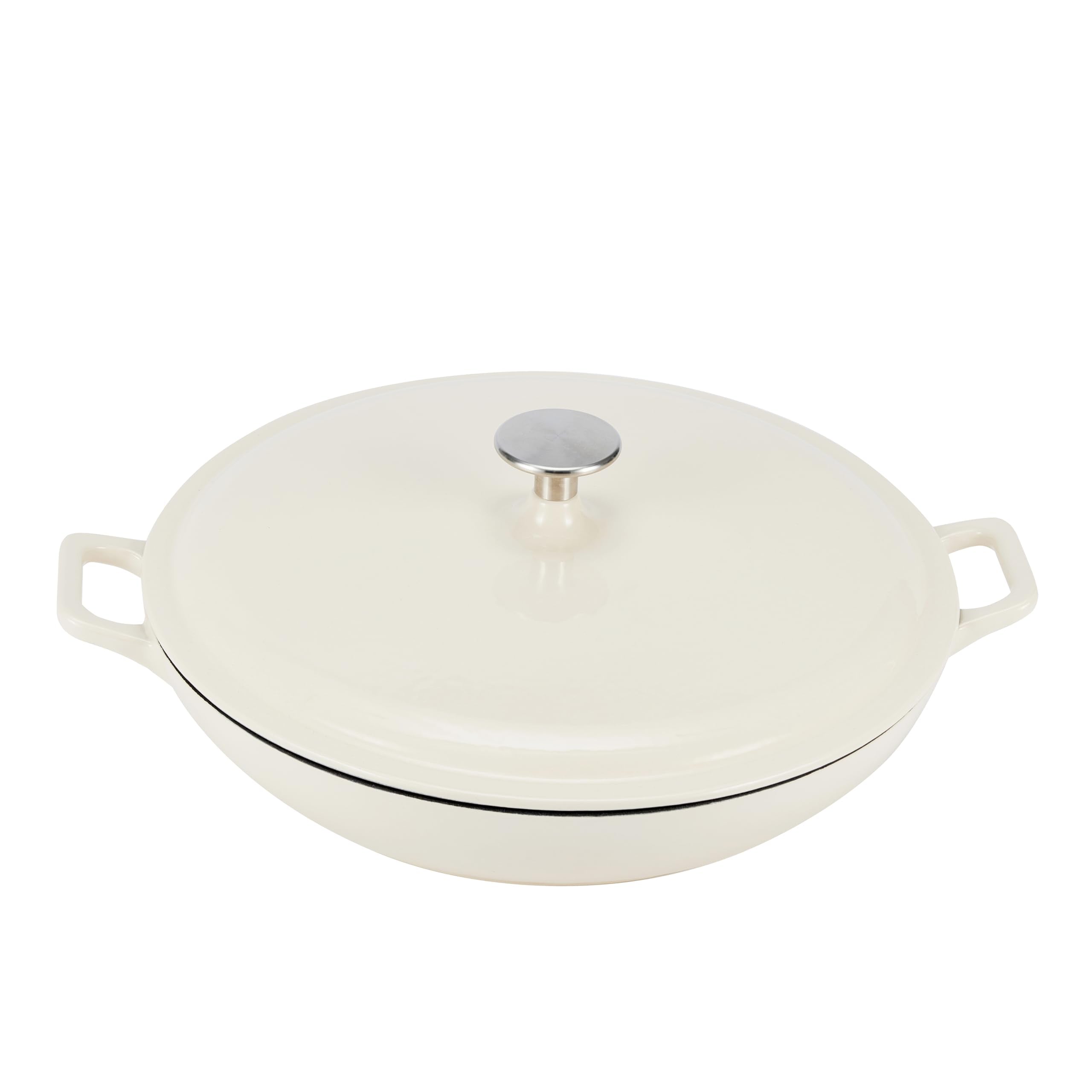 Amazon Basics white covered casserole front view showing compact design and even cooking