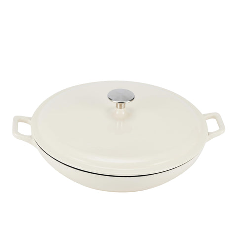 Amazon Basics white covered casserole front view showing compact design and even cooking