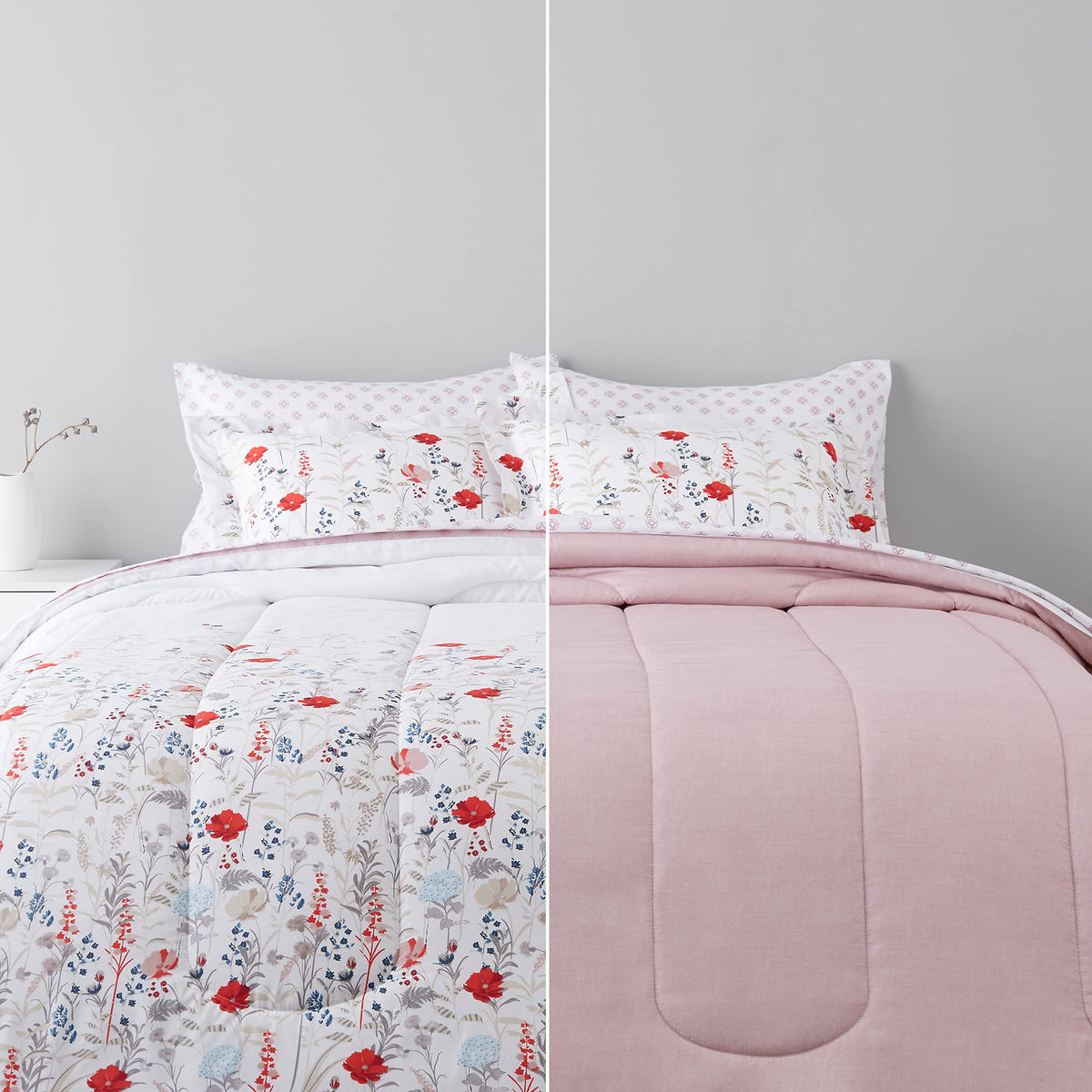 Amazon Basics front view of pink floral comforter set showing coordinated pieces and fast setup