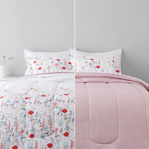 Amazon Basics front view of pink floral comforter set showing coordinated pieces and fast setup