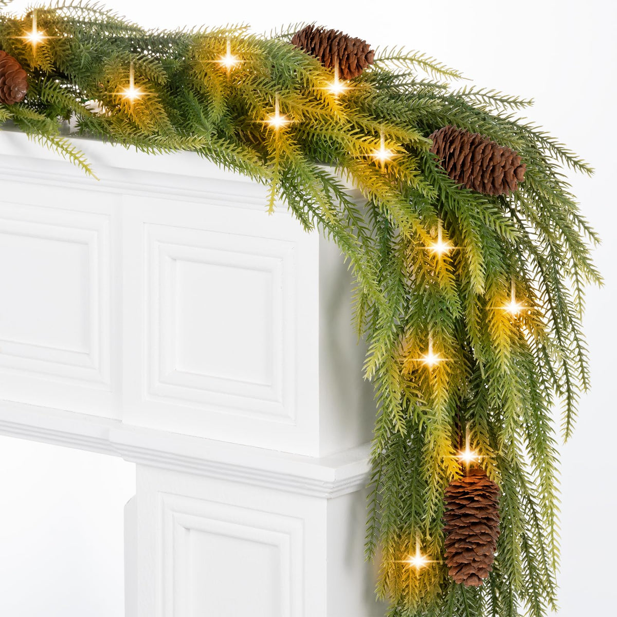 Amazqi 9ft garland front view showing full greenery and lights, ready to decorate