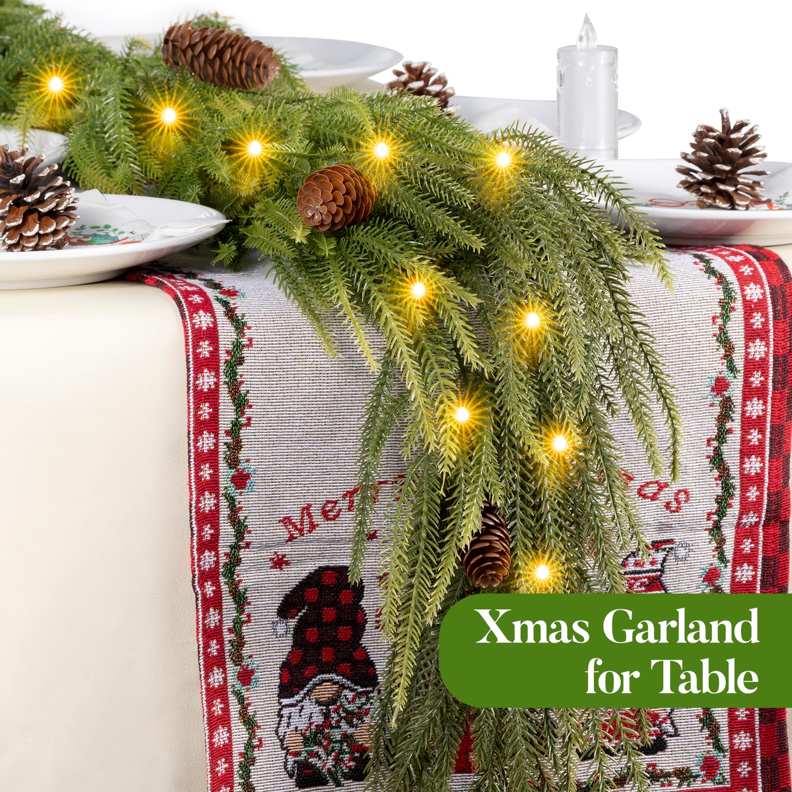Amazqi garland close-up of Norfolk pine needles and pinecone, realistic texture benefit
