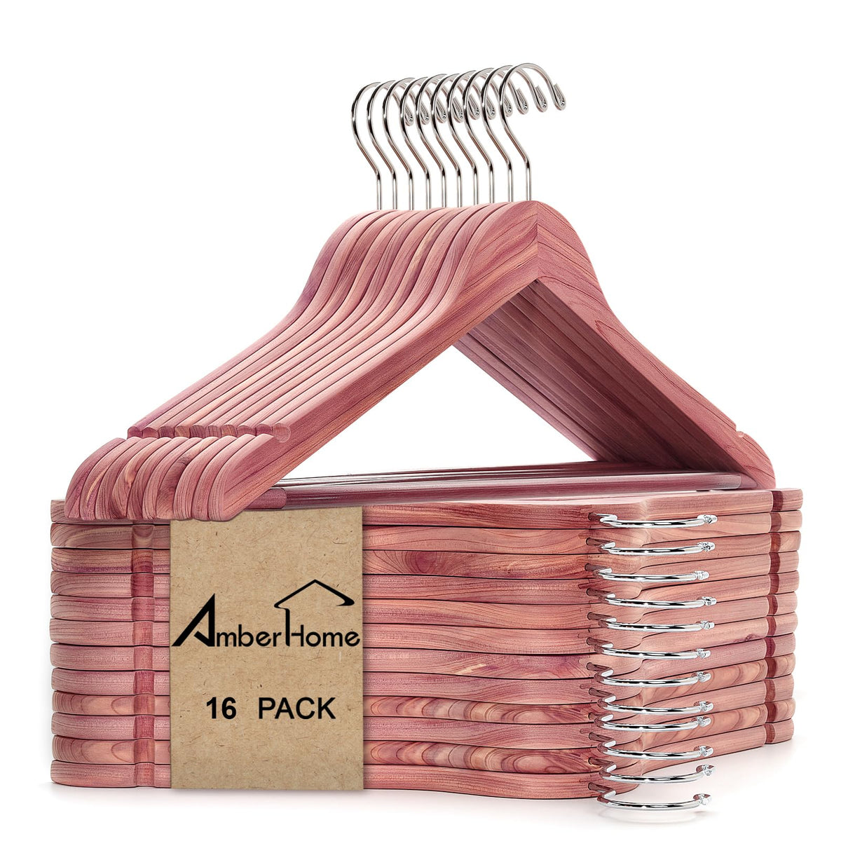 Amber Home front pack of 16 cedar hangers showing neat storage benefit