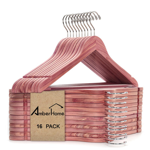 Amber Home front pack of 16 cedar hangers showing neat storage benefit