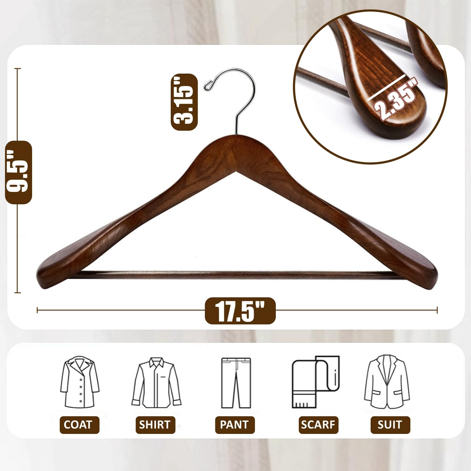 Amber Home close-up of extra-wide shoulder design preserving suit shape and preventing creases