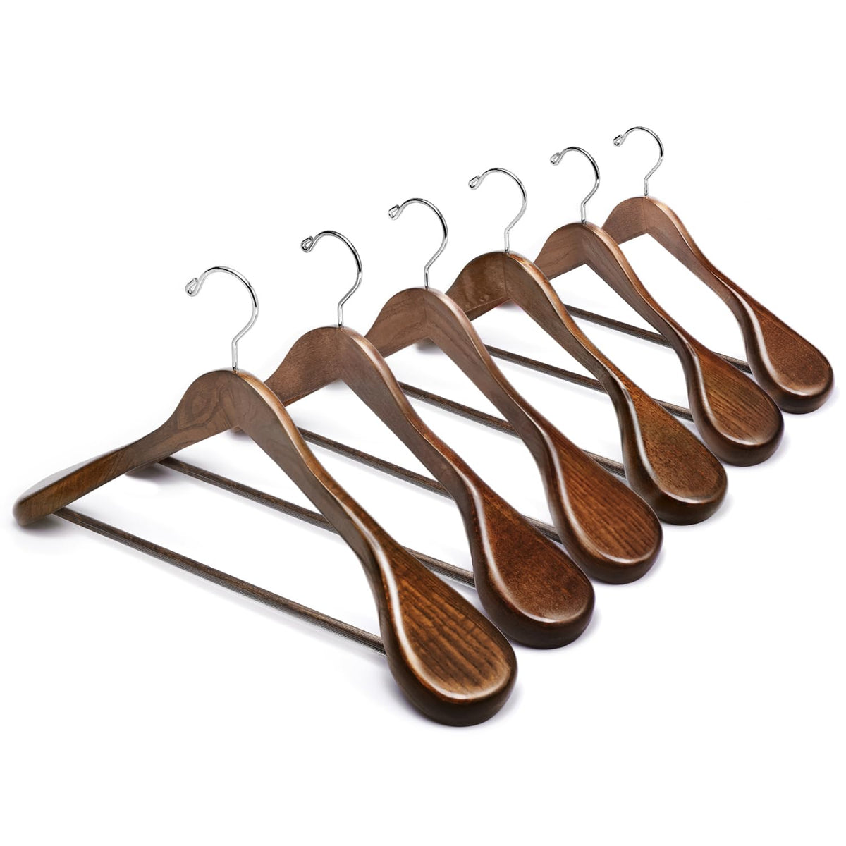 Amber Home front view hanger showing walnut finish and polished silhouette for elegant storage
