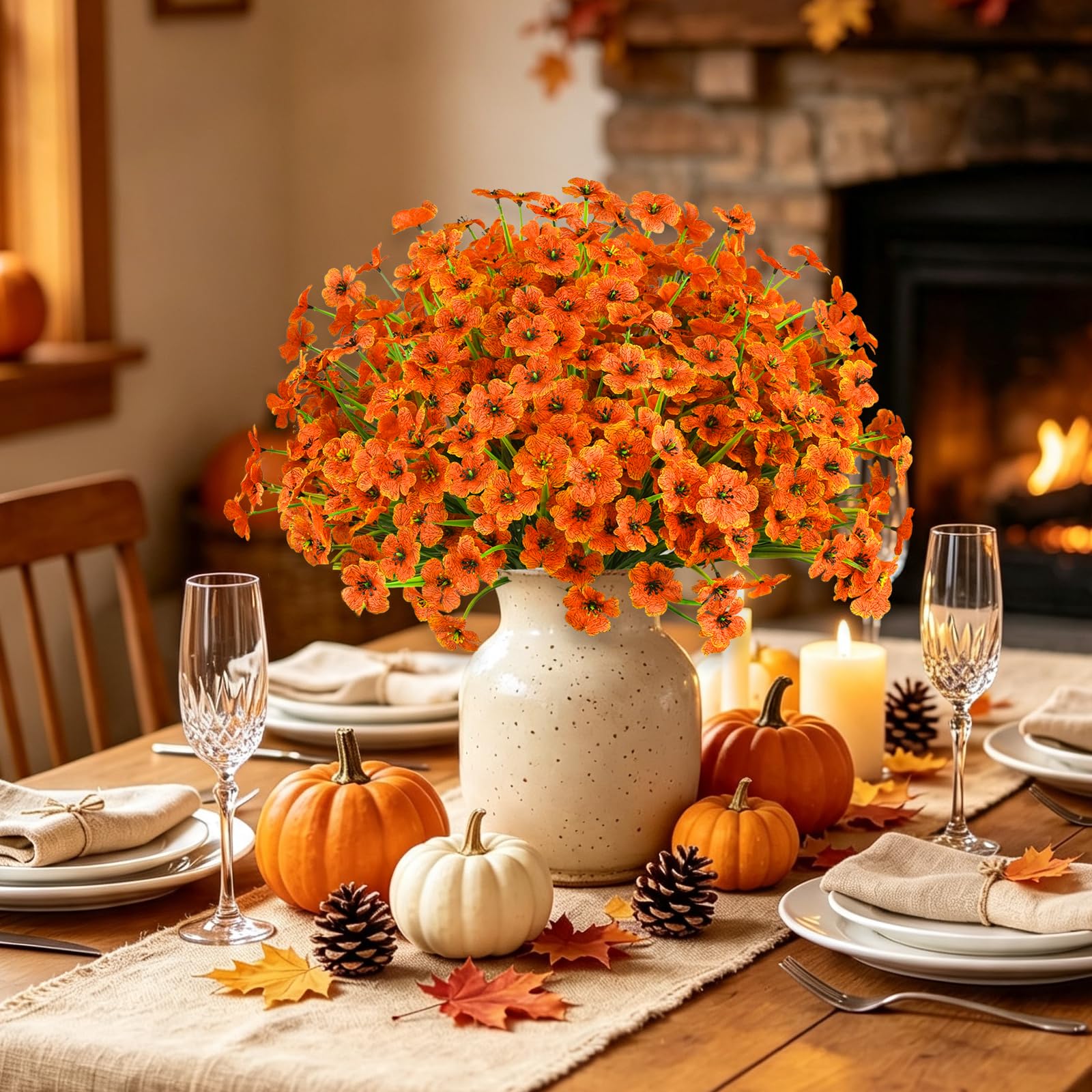 AmberFun faux mums with water droplets illustrating outdoor weather resistance