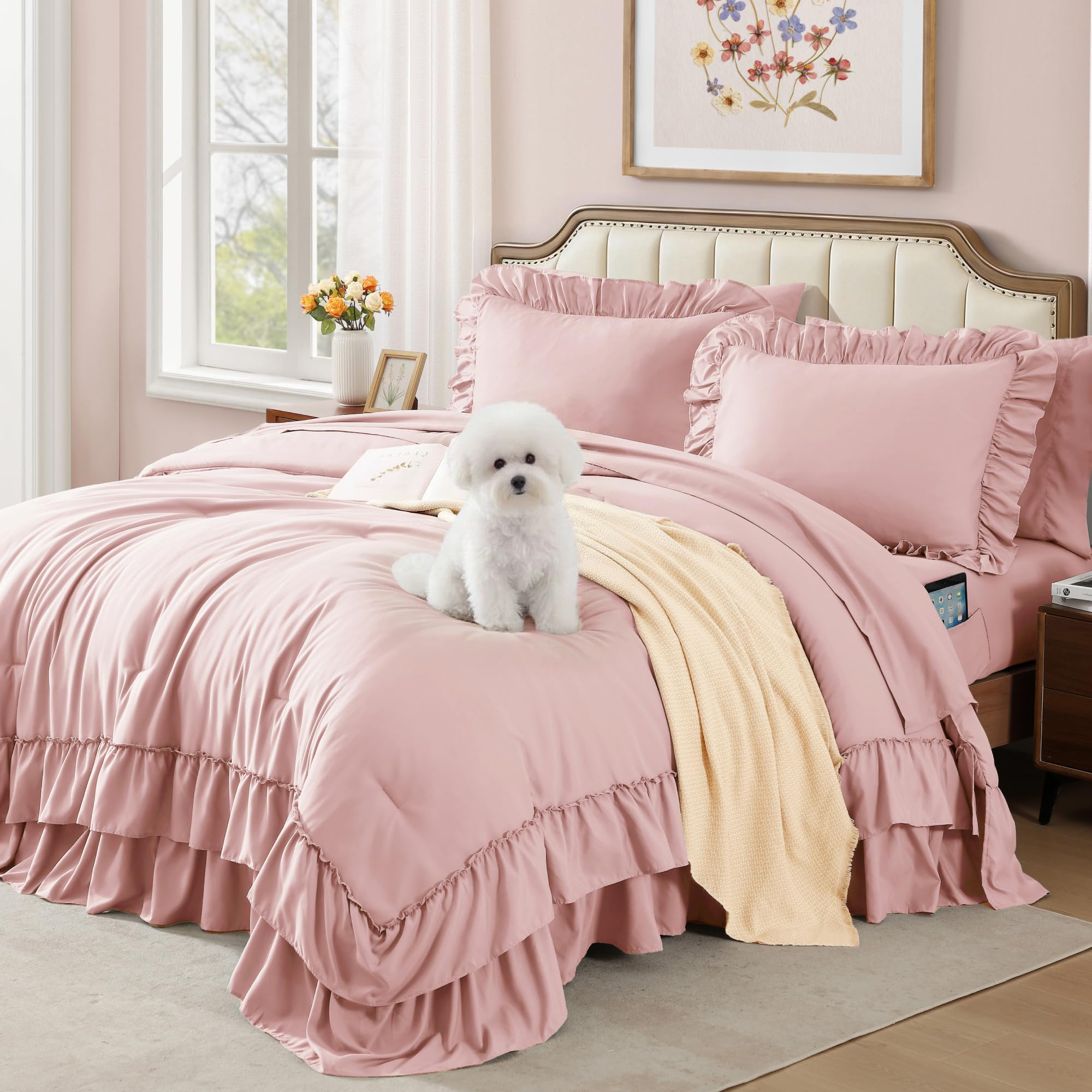 AMBERSPACE front view of pink ruffle comforter set showing cozy styling