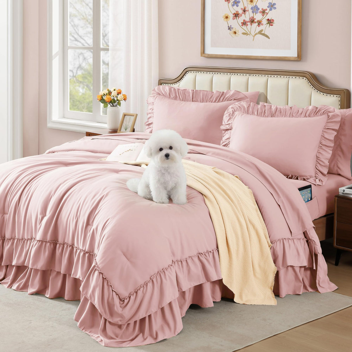AMBERSPACE front view of pink ruffle comforter set showing cozy styling