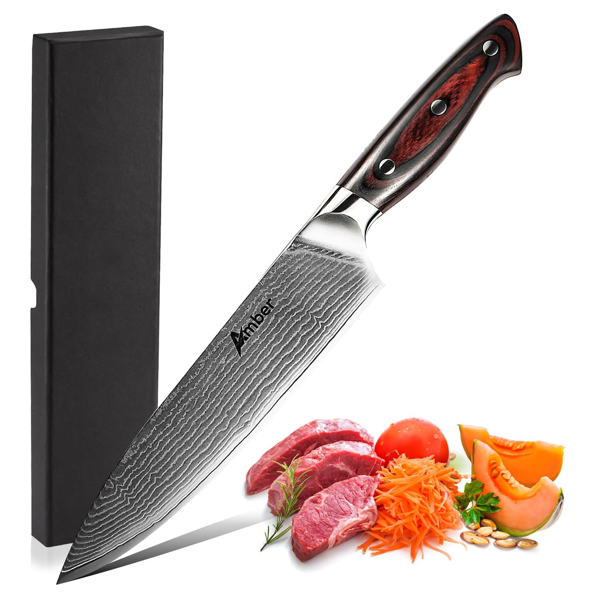Ambertronix knife front packaging showing polished Damascus pattern and box benefit