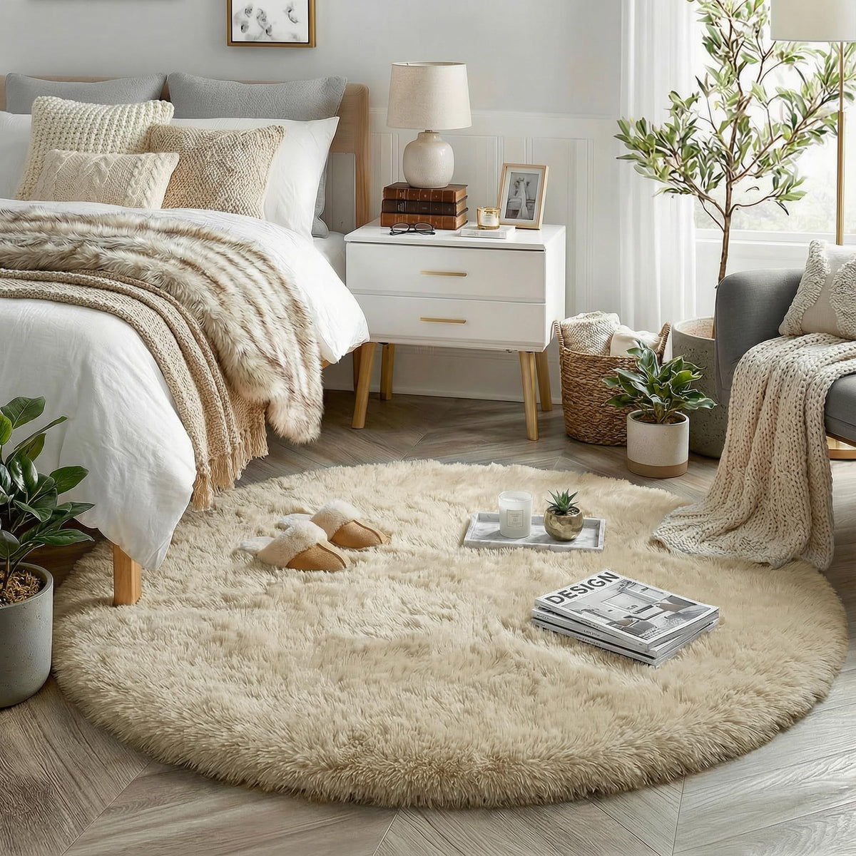Amdrebio front view beige round rug adds cozy warmth