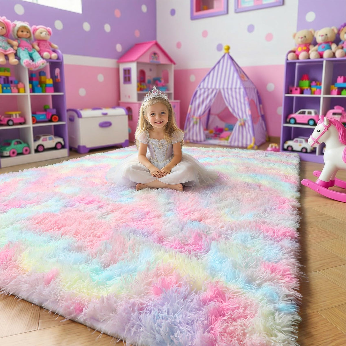 Amdrebio front view showing pastel unicorn rug and soft color appeal