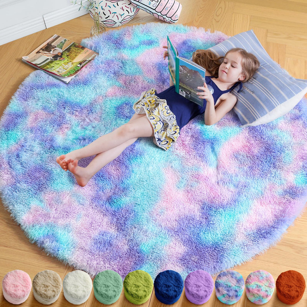 Amdrebio front view of purple rainbow mermaid shag rug shows colorful decor benefit