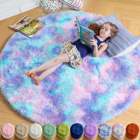 Amdrebio front view of purple rainbow mermaid shag rug shows colorful decor benefit