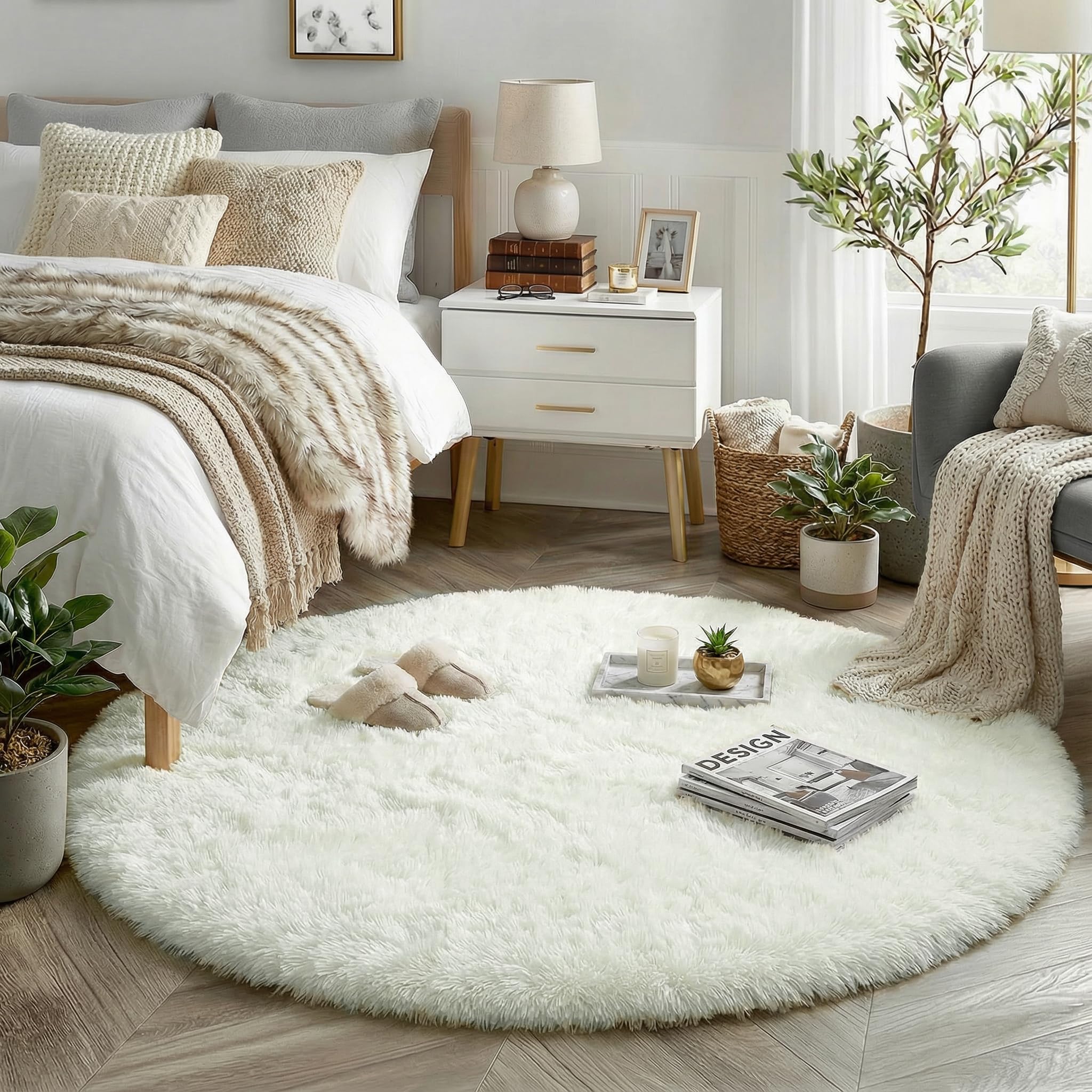 Amdrebio front view of round rug showing soft ivory cream and cozy benefit