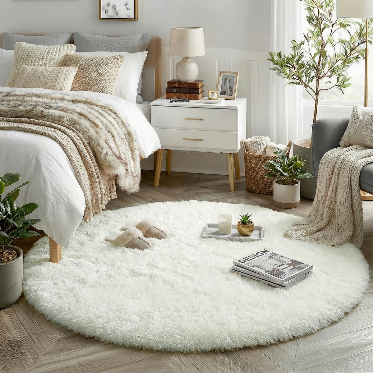 Amdrebio front view of round rug showing soft ivory cream and cozy benefit