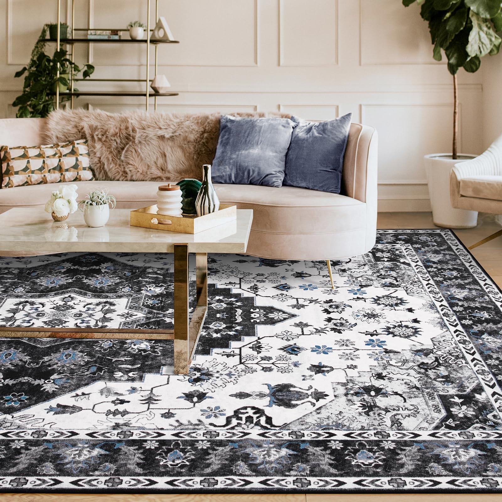 Amearea rug in living room under coffee table adding classic style and warmth