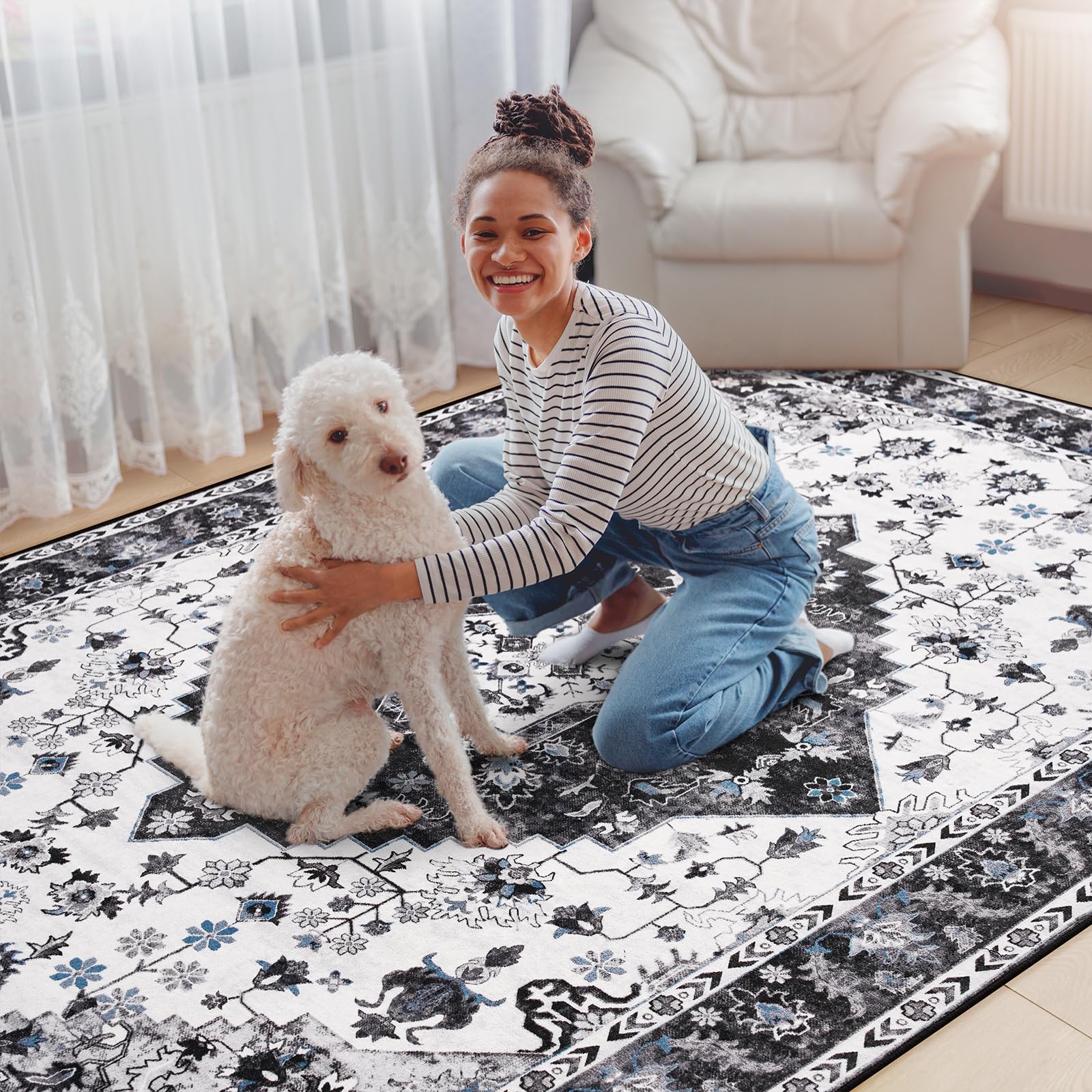 Amearea rug next to sofa showing 4x6 scale for room placement