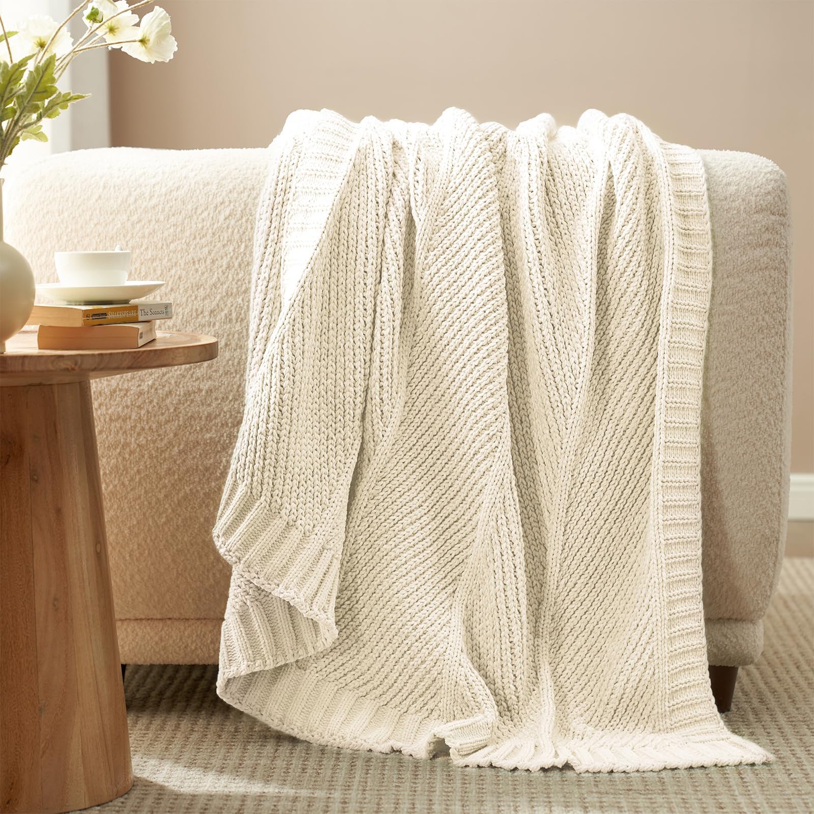 Amélie Home front view of ivory chenille throw showing chevron pattern and cozy appeal