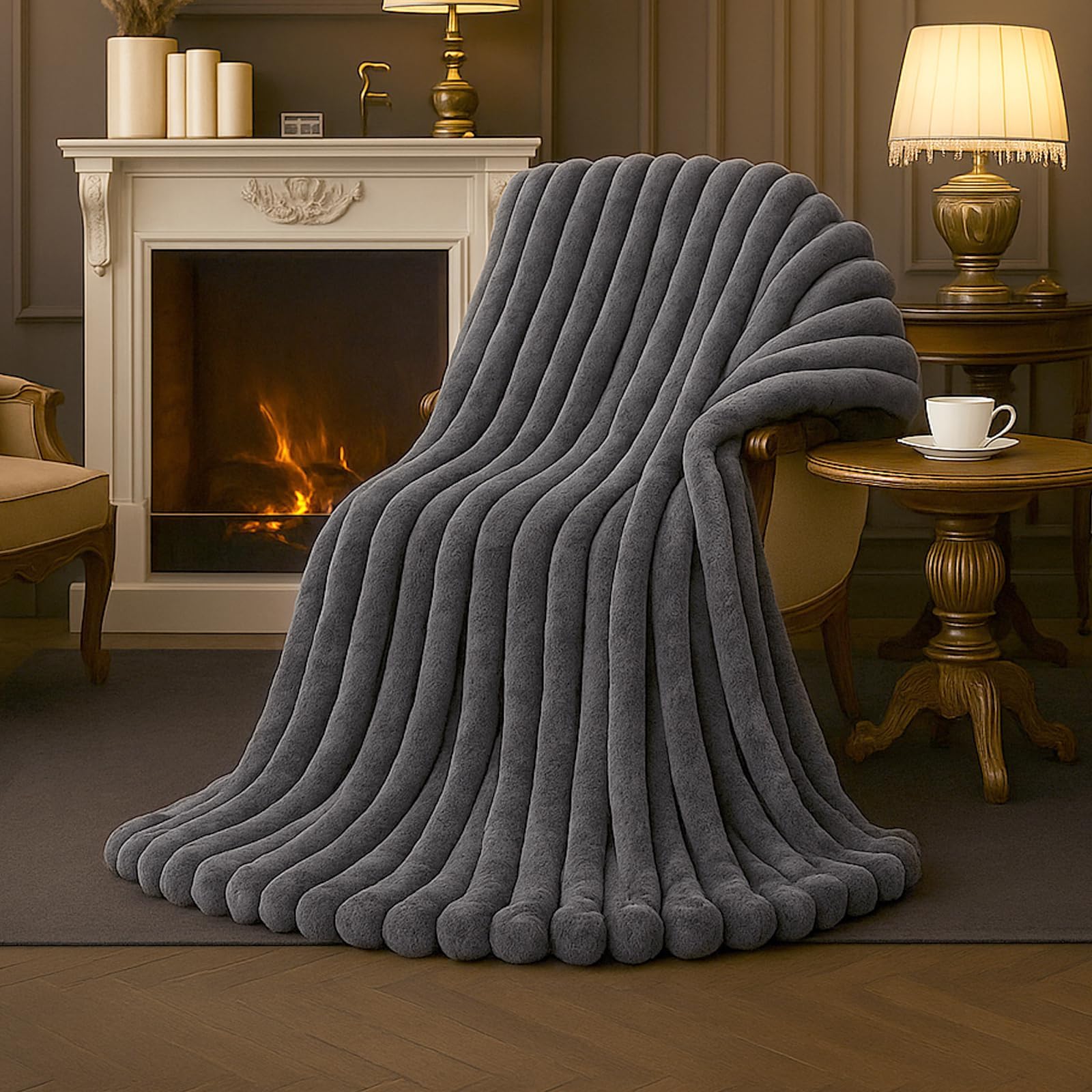 Amélie Home folded on sofa shows charcoal color and neat presentation