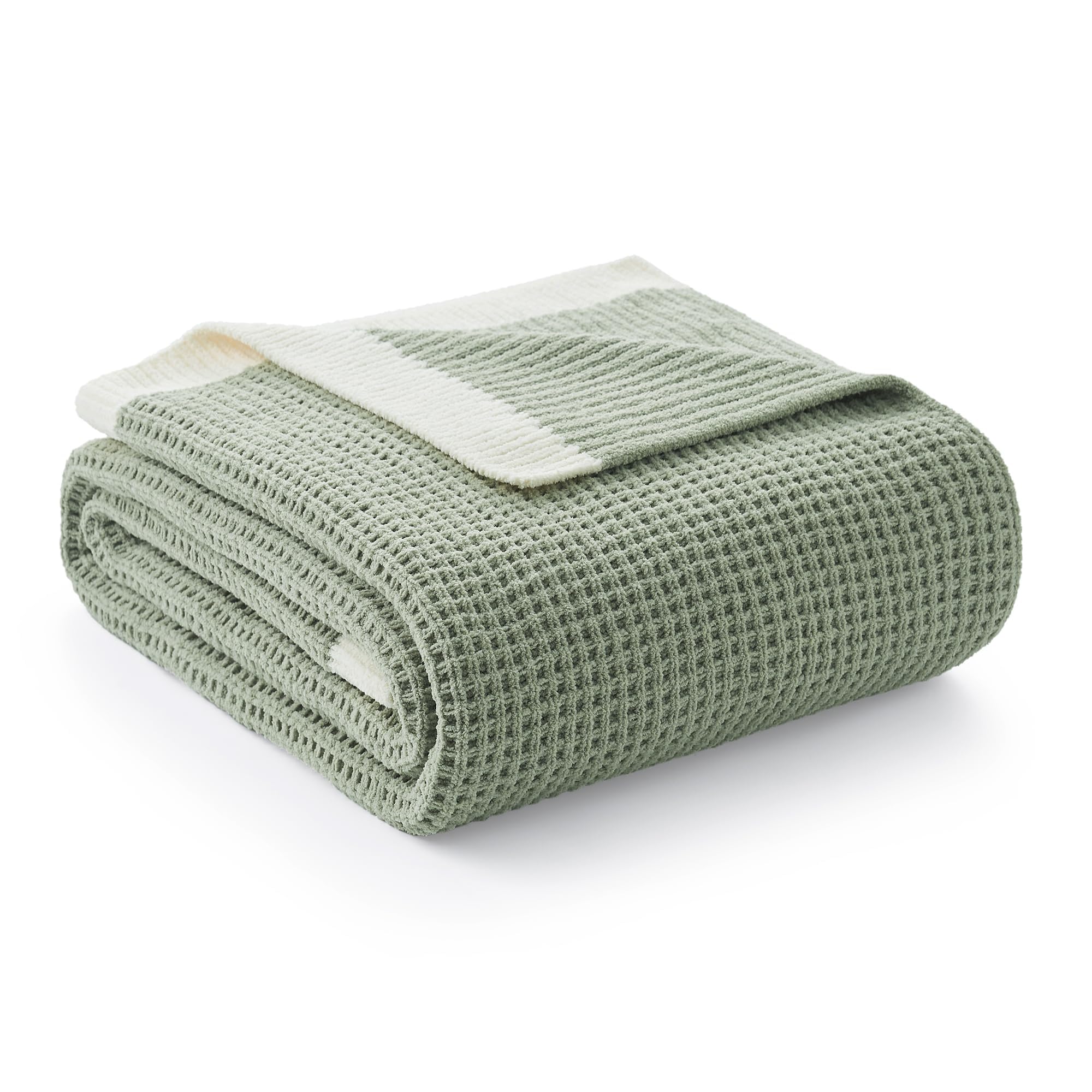 Amélie Home front view of green chenille waffle throw showing overall shape and color, enhances living room style