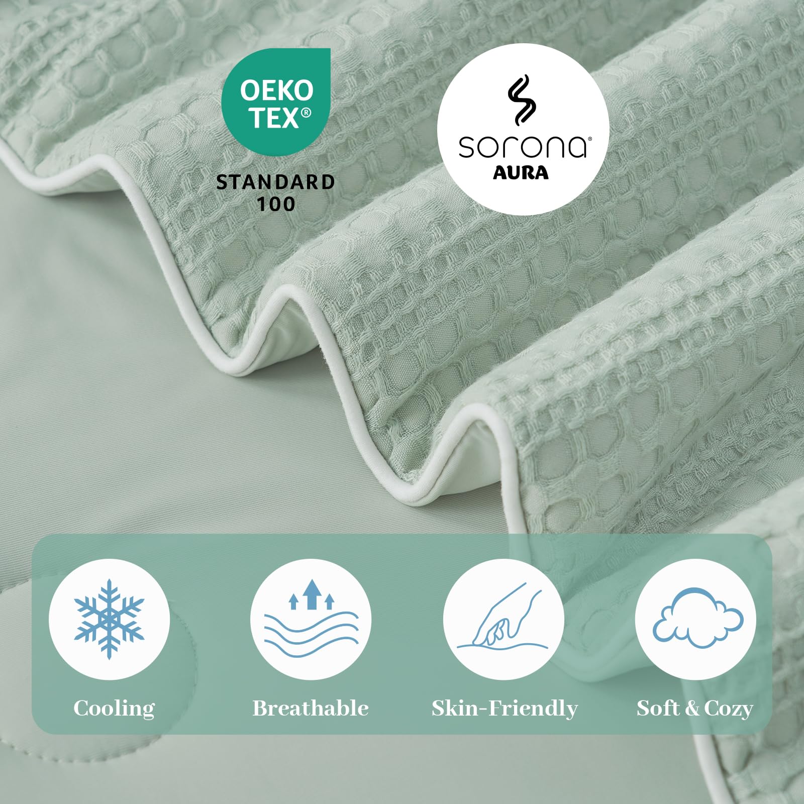 Amélie Home styled bed with sage comforter creating a calm bedroom atmosphere