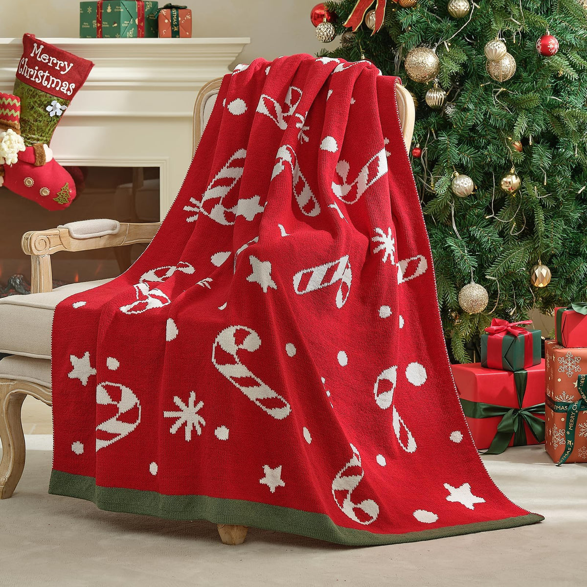 Amélie Home red throw front view shows festive look and cozy appeal