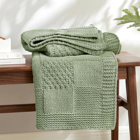 Amélie Home front view of sage green checkered throw showing cozy aesthetic