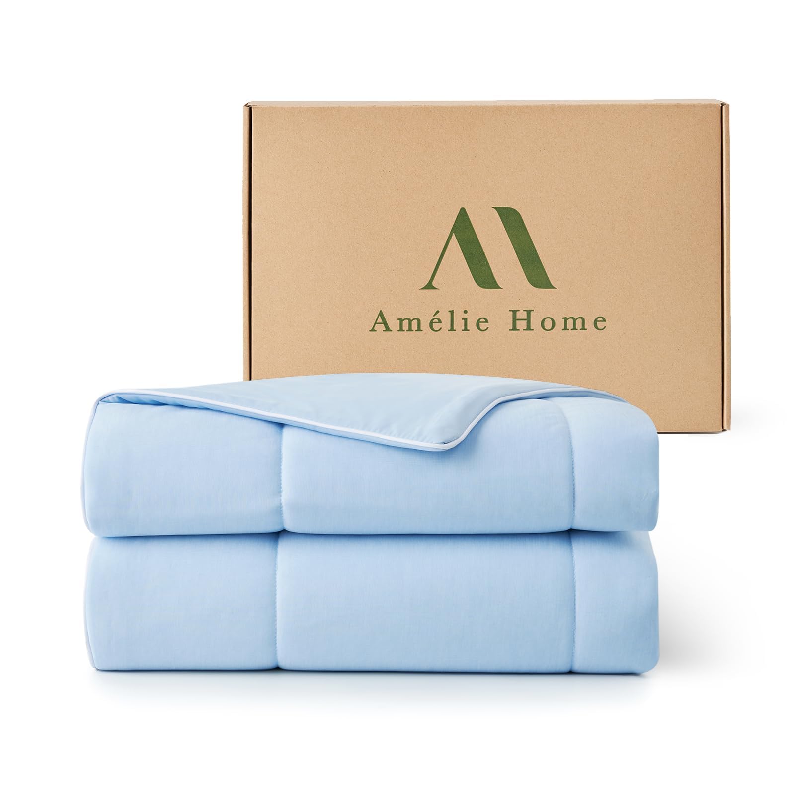 Amélie Home front view of heather ice blue comforter showing cool finish benefit