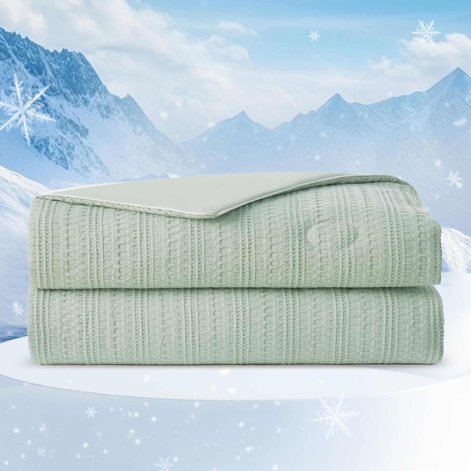 Amélie Home waffle comforter front view showing sage green and breathable design