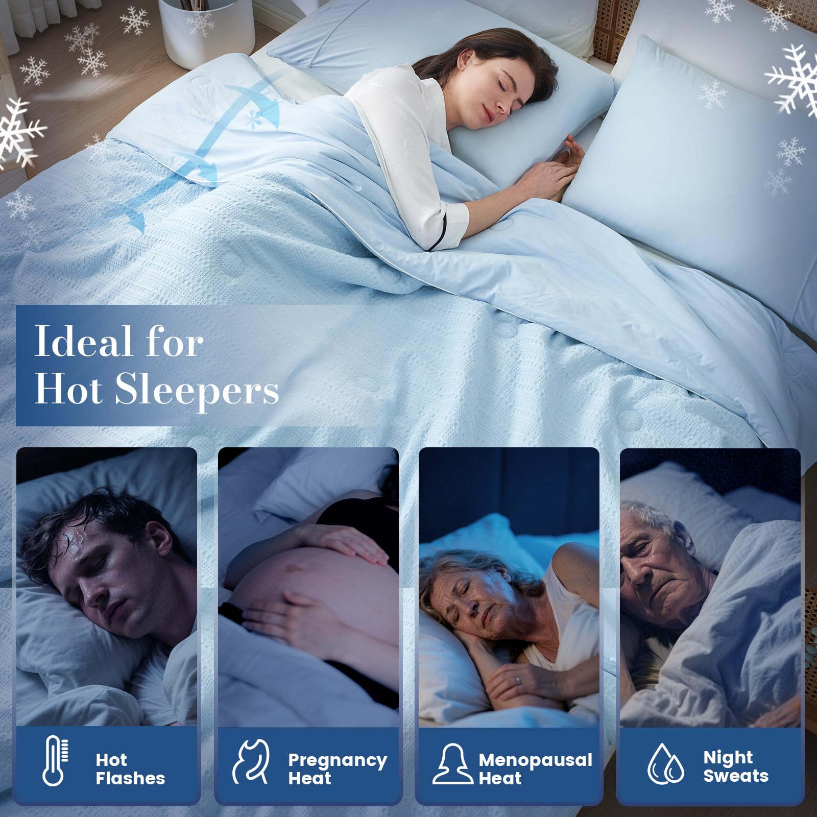 Amélie Home comforter styled on bed in blue room for cooler sleep