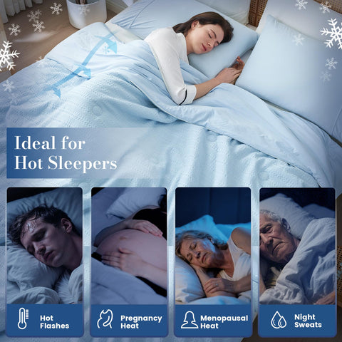 Amélie Home comforter styled on bed in blue room for cooler sleep