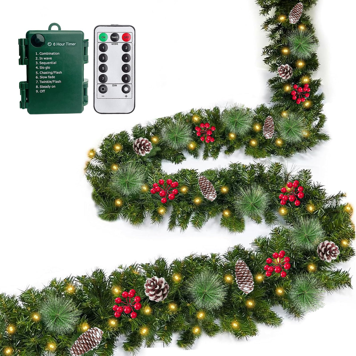 AMENON front view showing full 18ft garland and dense branches for instant impact