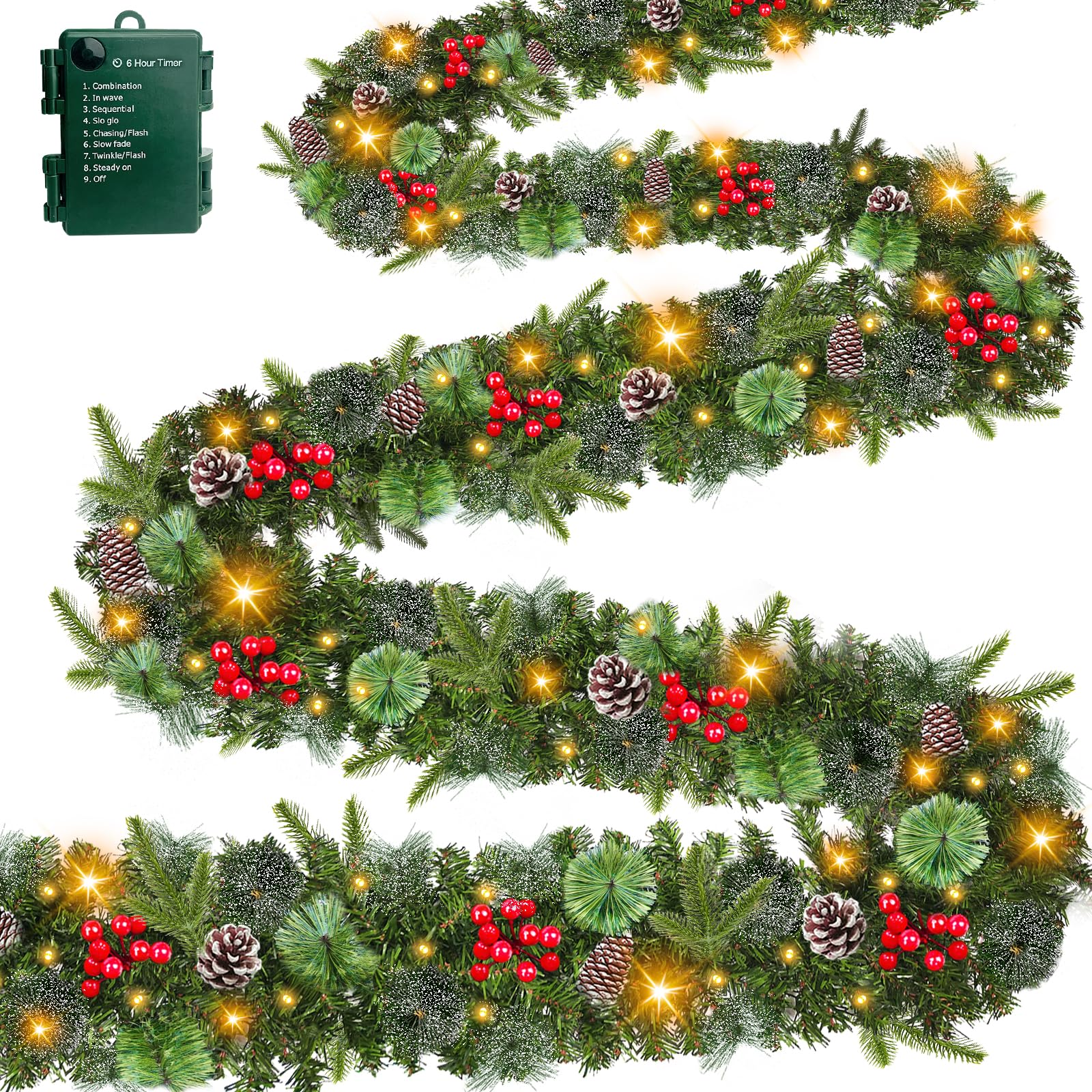 AMENON front view of 18ft prelit garland showing full coverage and warm lights