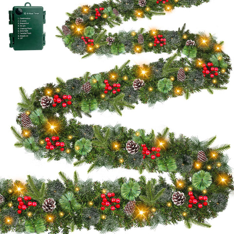 AMENON front view of 18ft prelit garland showing full coverage and warm lights