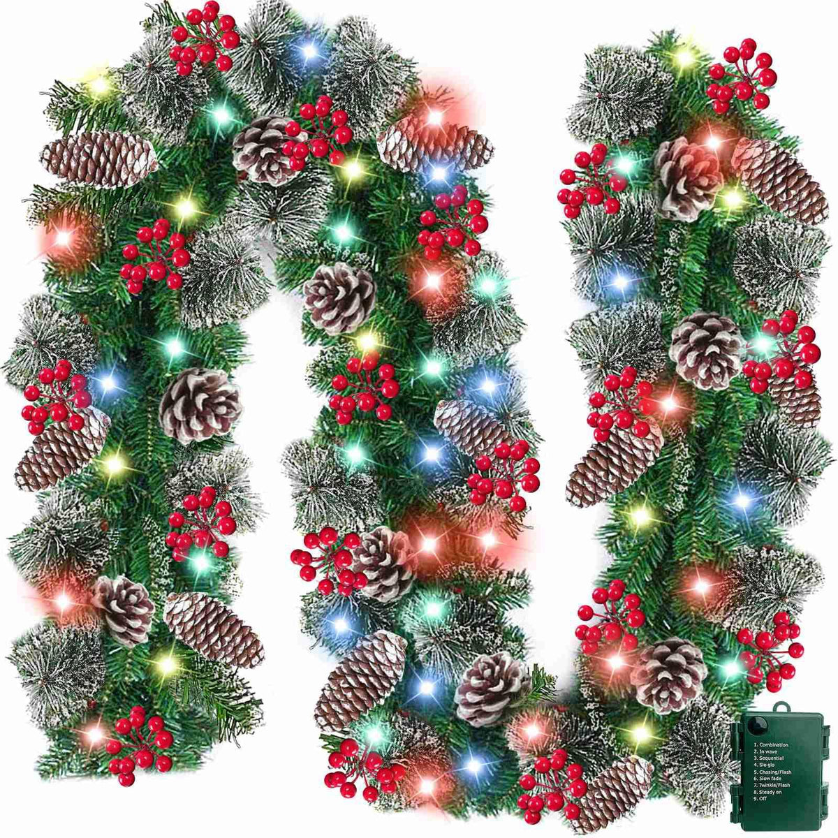 AMENON full garland front view showing festive colorful lights and dense branches