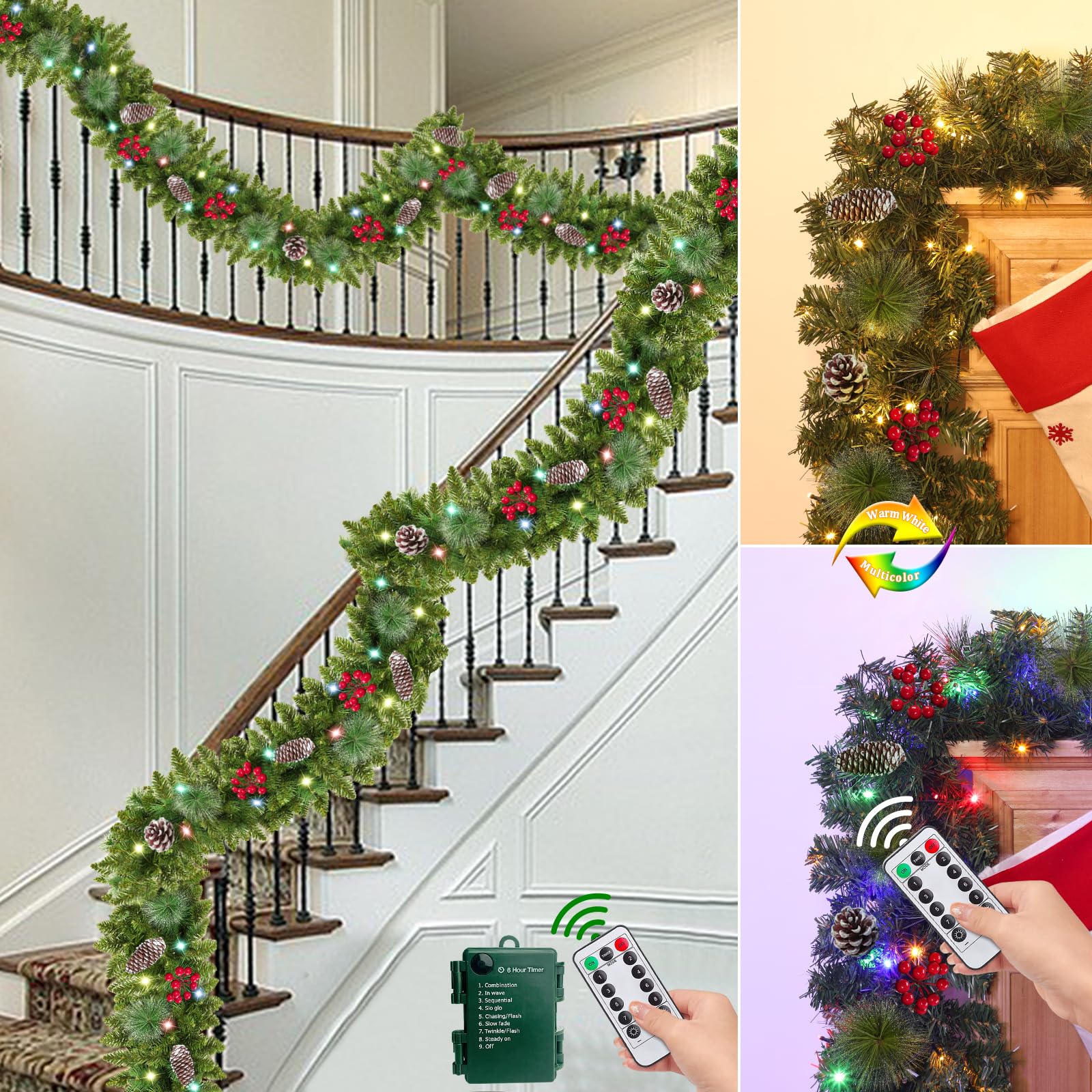 AMENON garland wrapped around stair rail demonstrating full coverage and shapeability