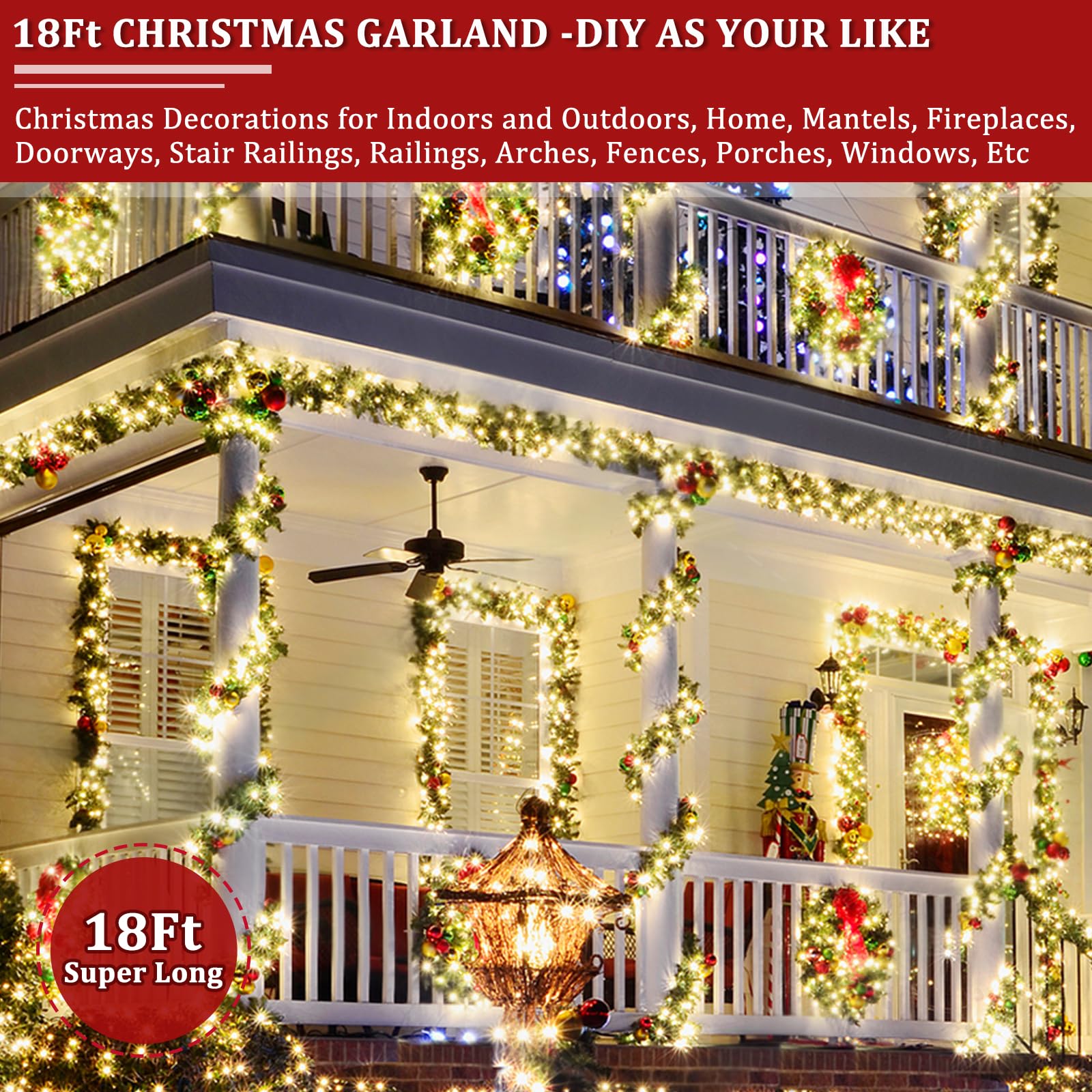 AMENON garland wrapped around stair rail adding elegant holiday ambiance