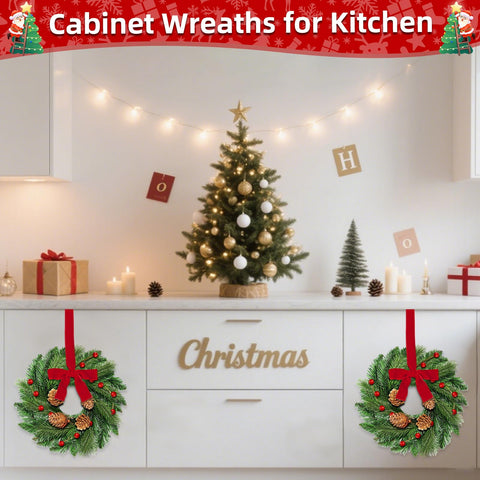 AMENON wreath hung on kitchen cabinet adding instant holiday cheer