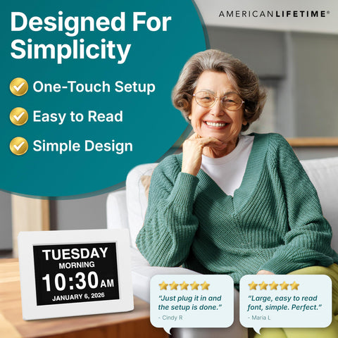 American Lifetime alarm buttons view highlighting simple controls for setting reminders
