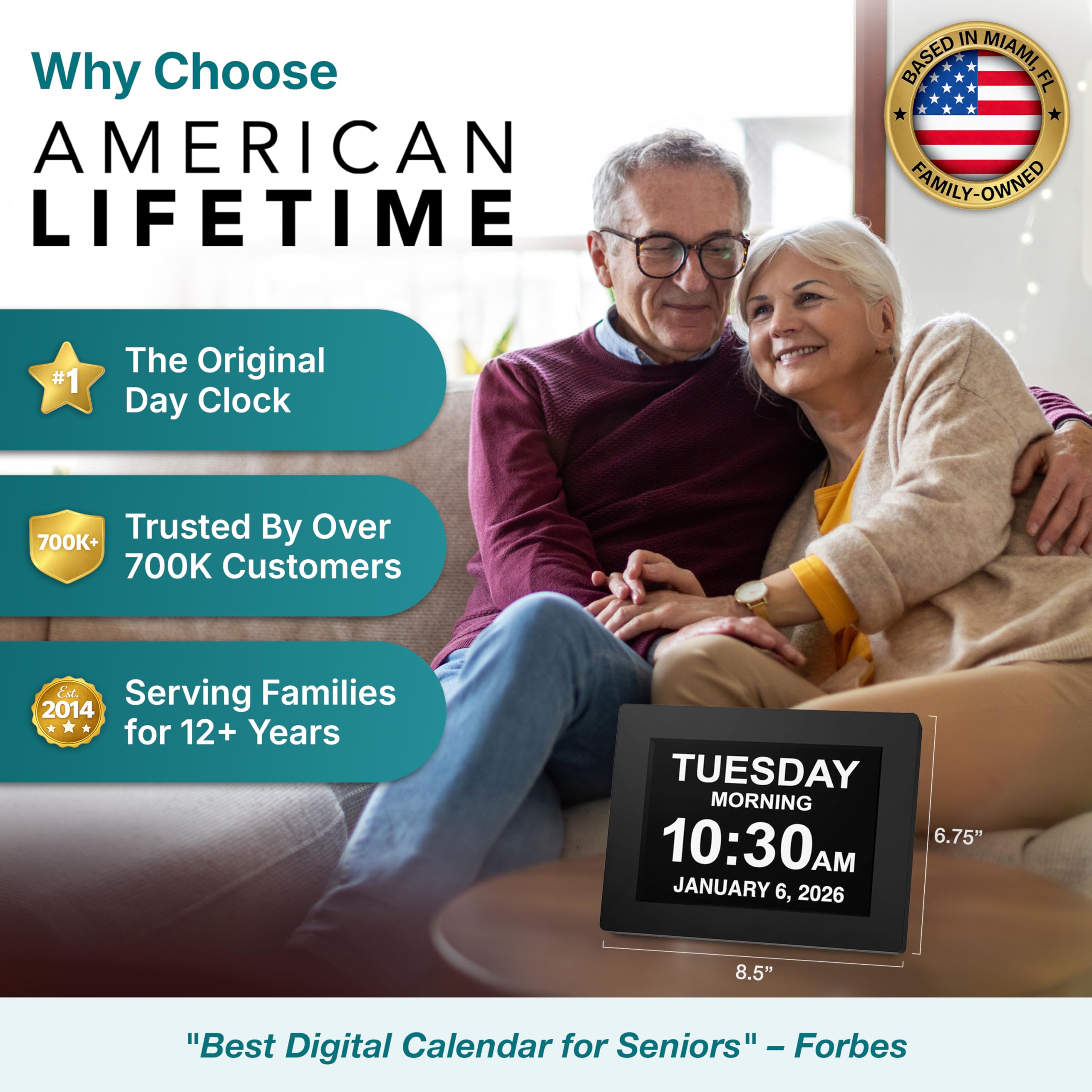 American Lifetime close-up of large digits and full weekday display, improves readability