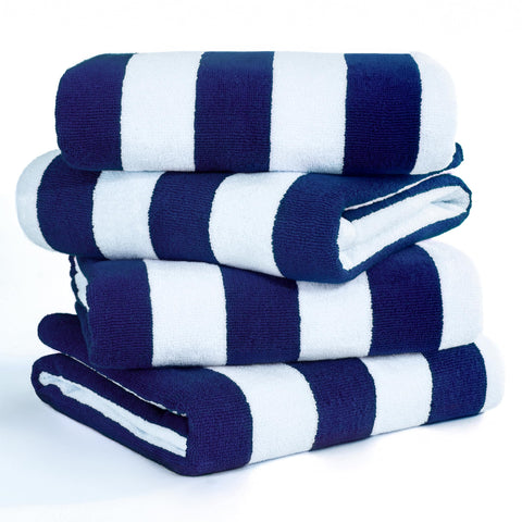American Soft Linen folded towel set showing navy stripes for coordinated style