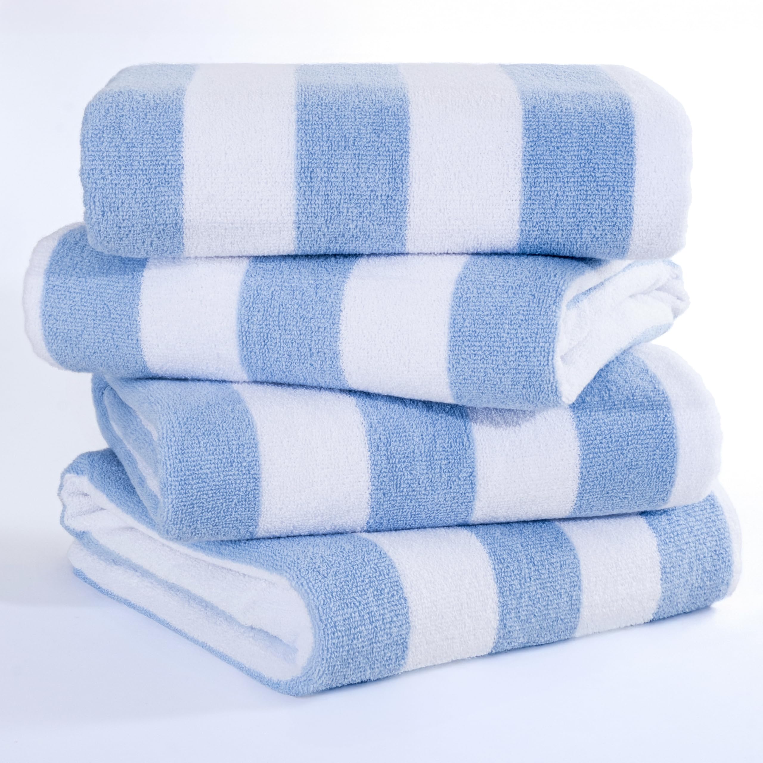 American Soft Linen front view of sky blue cabana striped towels showing neat edges and color