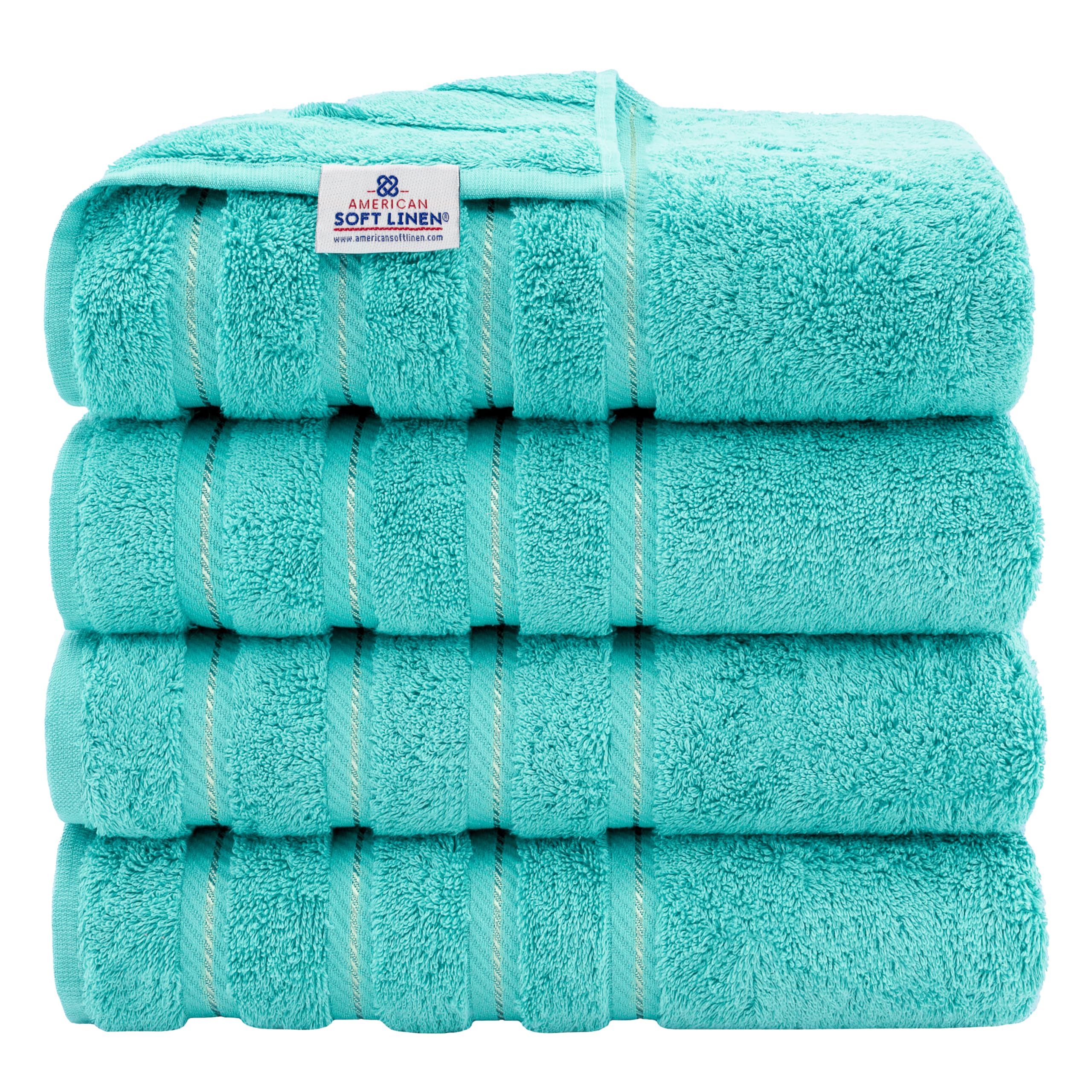 American Soft Linen front packaging showing four folded towels, communicates premium set