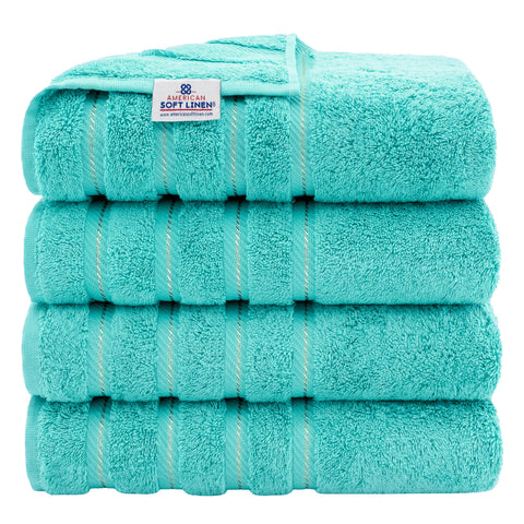 American Soft Linen front packaging showing four folded towels, communicates premium set