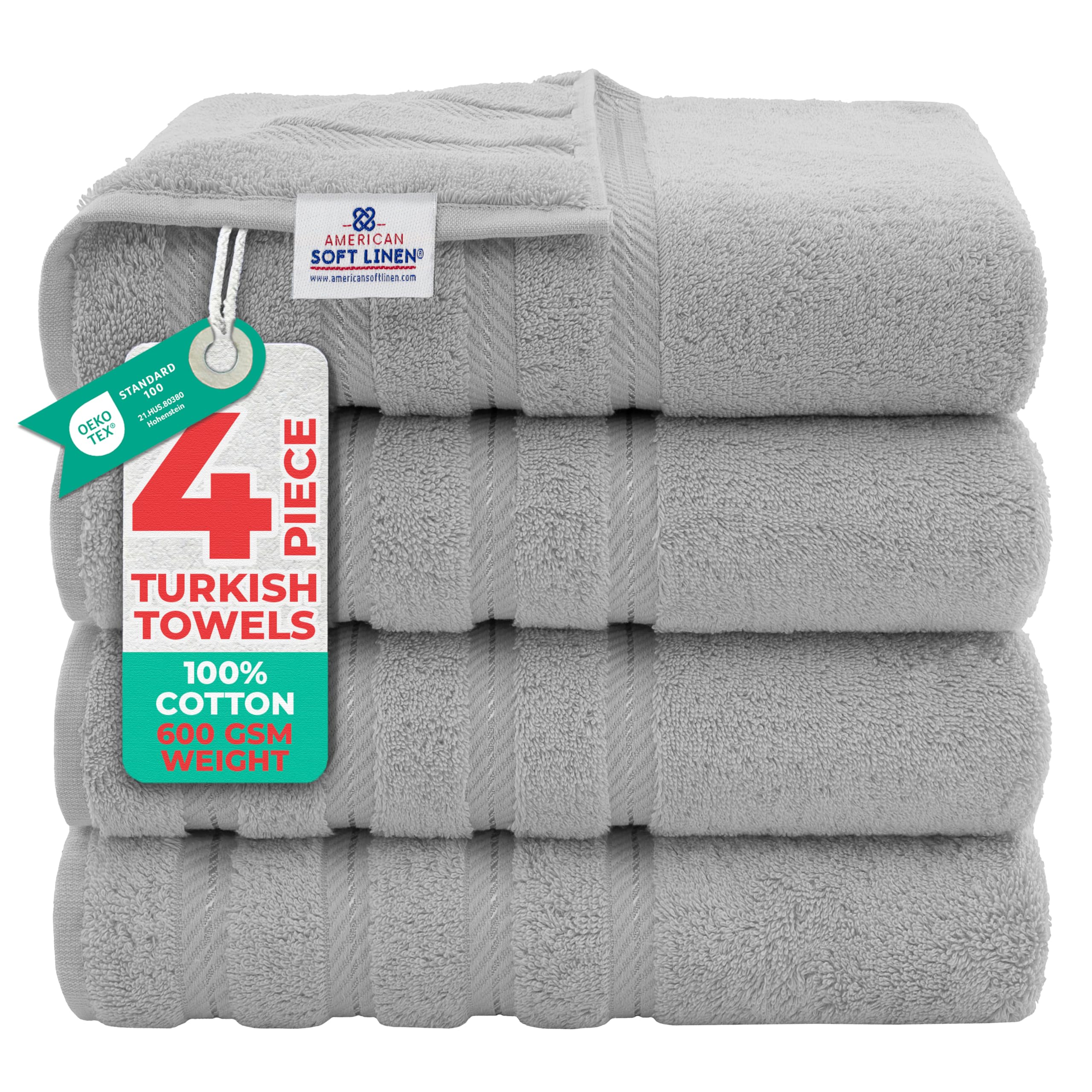 American Soft Linen front packaging showing 4-piece towel set and benefits