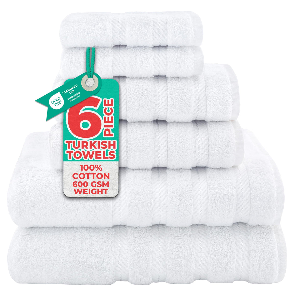 American Soft Linen front view of six-piece towel set showing neat folds and color