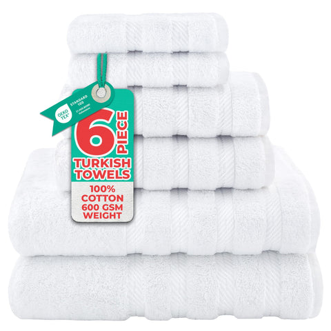 American Soft Linen front view of six-piece towel set showing neat folds and color