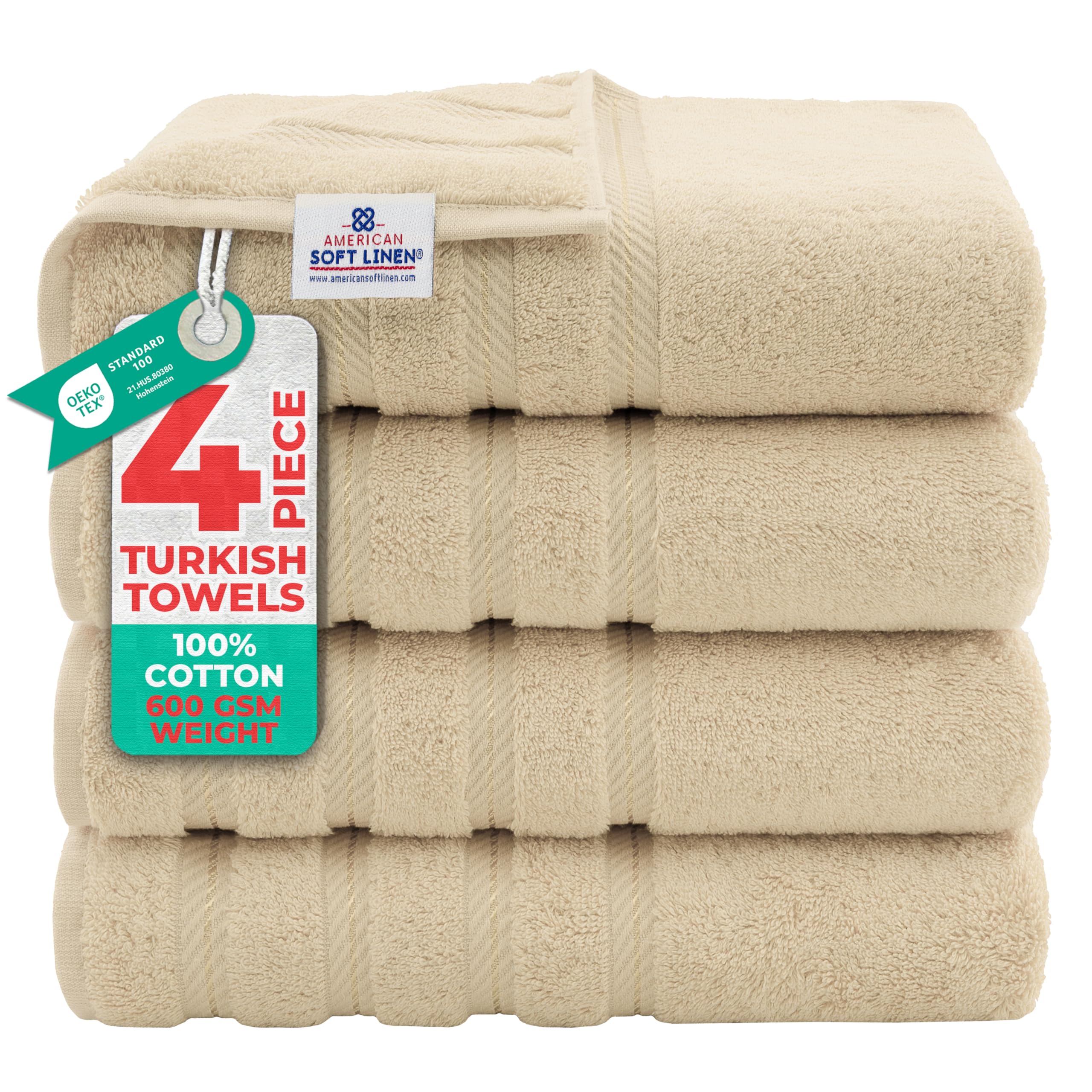 American Soft Linen front packaging showing set and benefit of coordinated towels