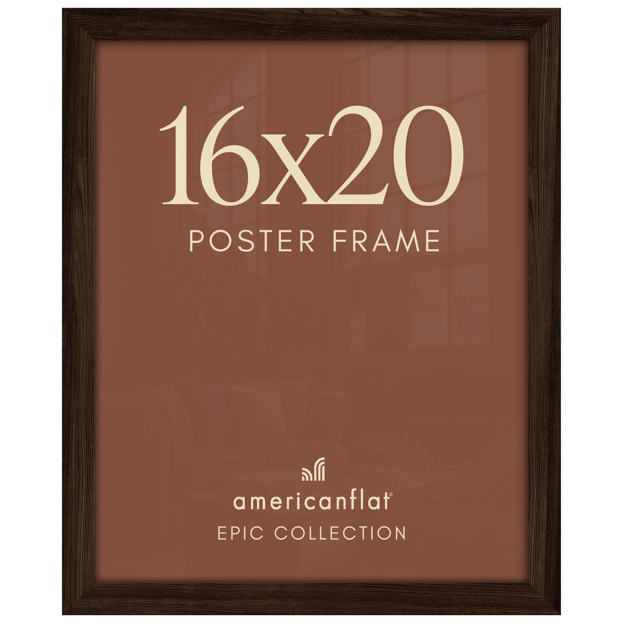 Americanflat 16x20 front view showing mahogany finish and framed poster benefit